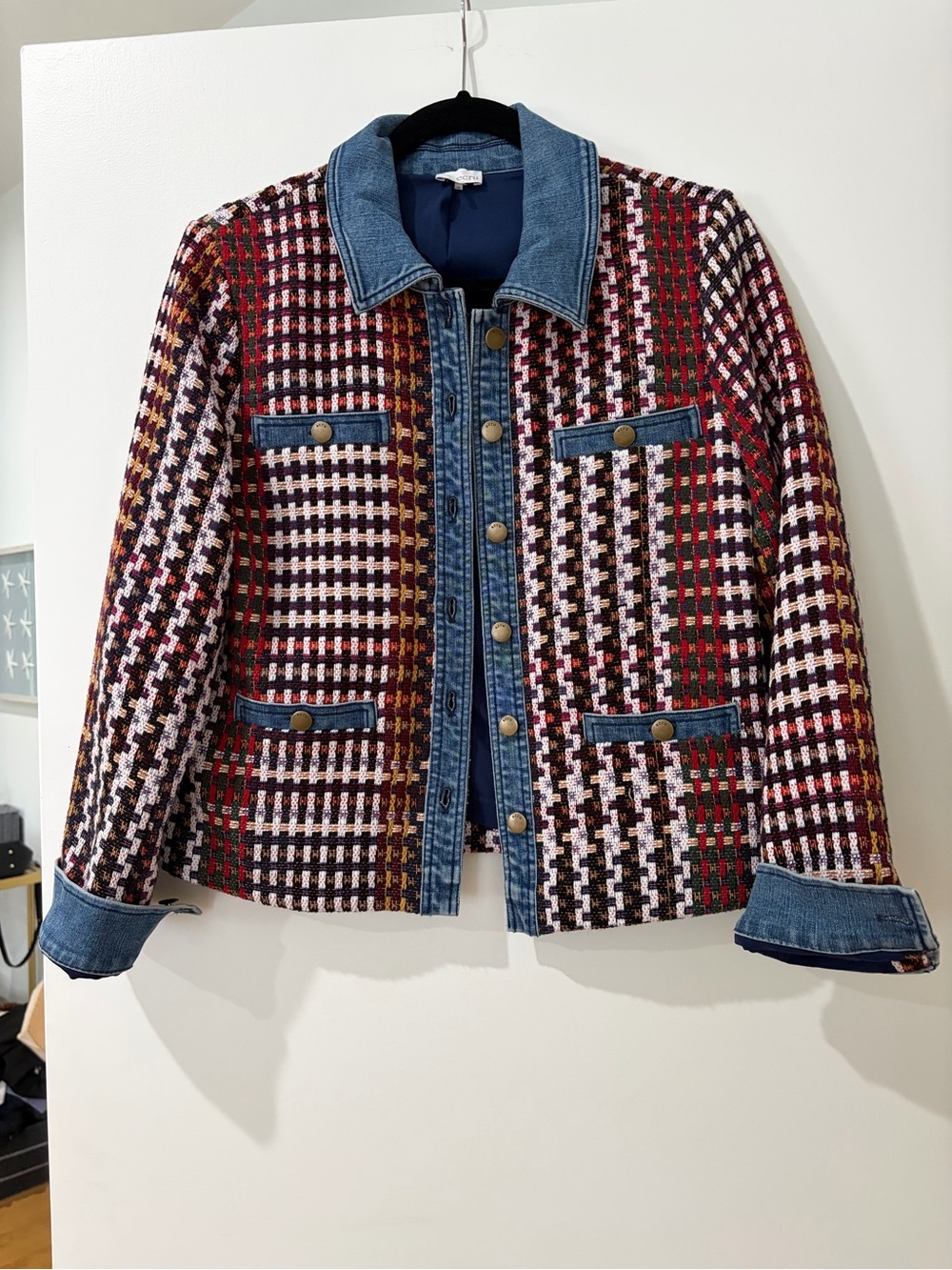 ecru Multicolor Tweed Jacket with Denim Trim